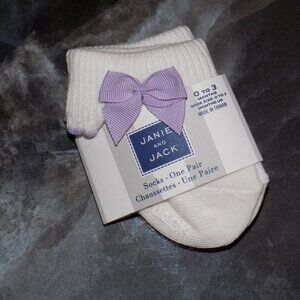 Janie and Jack White Cuff Socks W/Purple Box Size 0/3 Months Girl's NEW